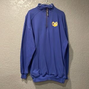 Blue unisex pullover sweater. “Cats” embroidered on left chest